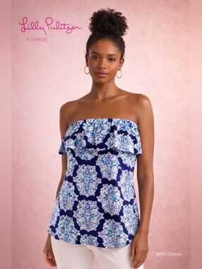 Lilly Pulitzer Strapless Tube Top Blue White Medallion Print Ruffle 100% Cotton